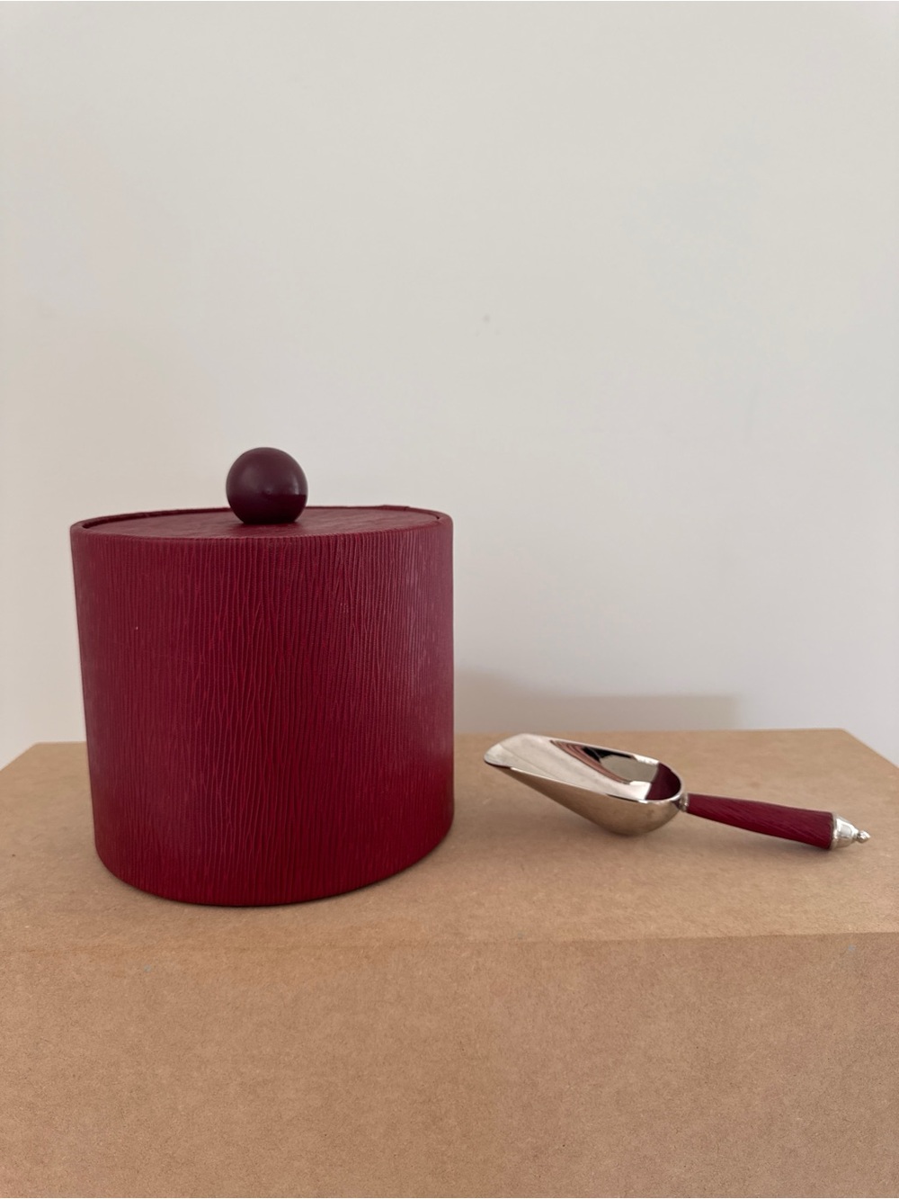 Vintage Burgundy Ice Bucket with Matching Scoop Postmodern Epi Texture Barware
